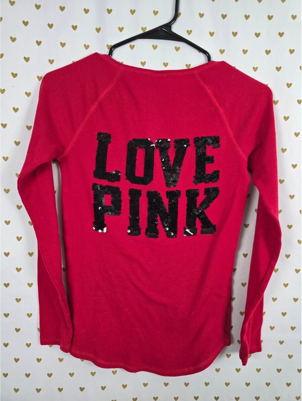 Vintage Victoria’s Secret PINK LOVE PINK Sequin Thermal HENLEY Top M Y2K